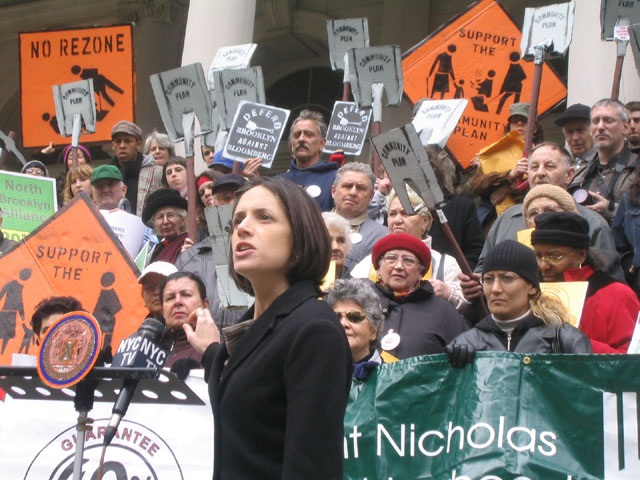 A press conference by community members during the run up to the 2005 Williamsburg/Greenppoint rezoning, which ran roughshod over a meticulously created community plan adopted just a few years earlier.