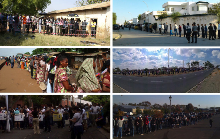 Voting lines around the world: Guinea, South Sudan, Ohio, Venezuela, Tunisia, South Africa.