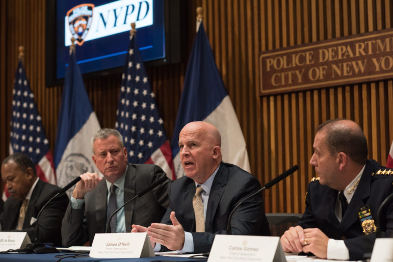 Mayor Bill de Blasio and Police Commissioner James O'Neill hold a press conference at One Police Plaza in Manhattan to discuss the latest crime statistics on Monday.