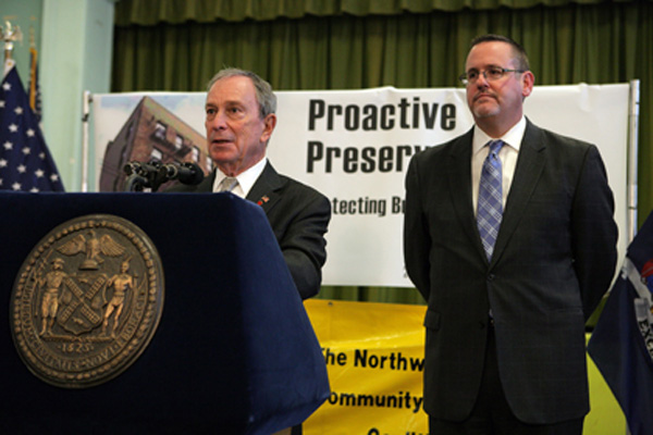 Mayor Bloomerg and outgoing HPD Commissioner Raphael Cestero, seen last week as they announced a new program to detect problem buildings before tenants are threatened by unsafe conditions.