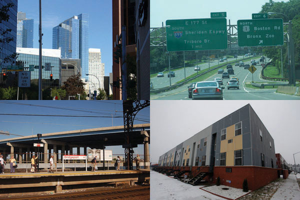 The planning consortium brings together cities like White Plains (top left) and Bridgeport (bottom left). In New York City, it'll mean attempts to get commuters off the highways and onto Metro-North in the Bronx (top right), and more transit-oriented development in East New York.