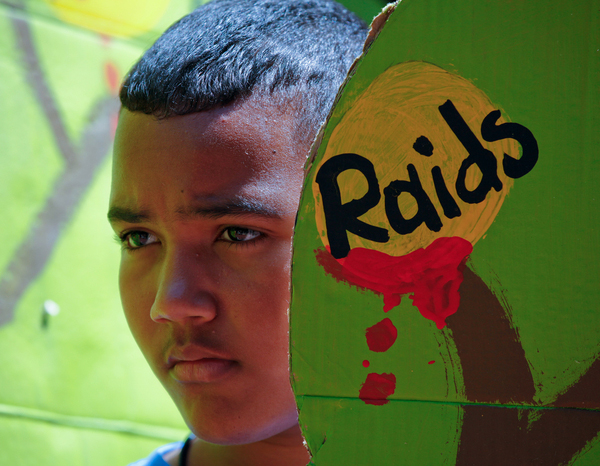 Brandon Galarza, 14, of the Bronx at the Weeden Foundation protest