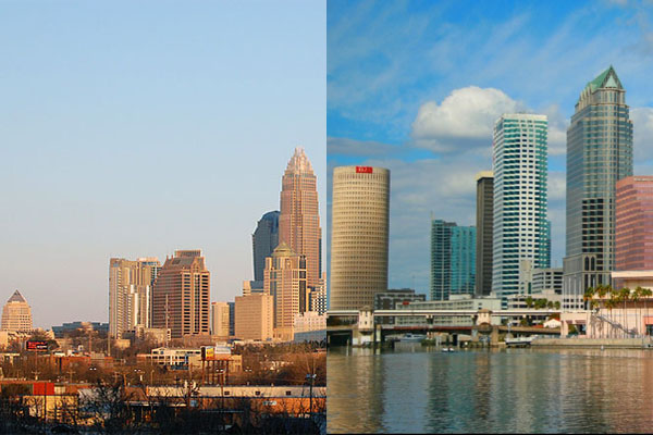 Charlotte, the site of this week's Democratic National Convention, at left. Tampa, where the Republicans gathered last week, is at right.