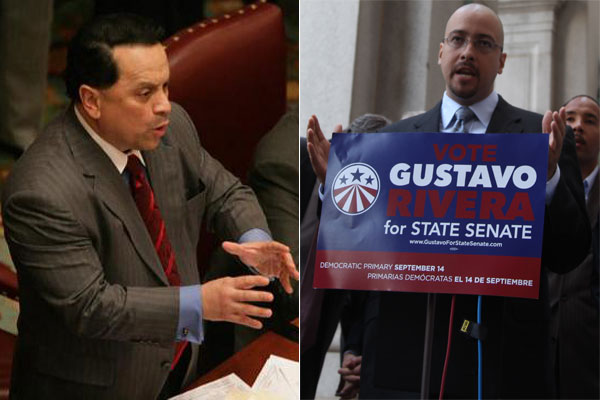 Pedro Espada (left) addresses the New York State Senate. His challenger Gustavo Rivera (right) speaks at a press conference.