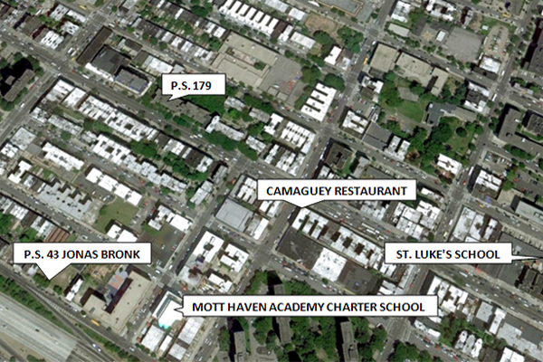 Camaguey Restaurant sits amid schools that reflect the choices facing Mott Haven parents: regular public, charter, parochial.