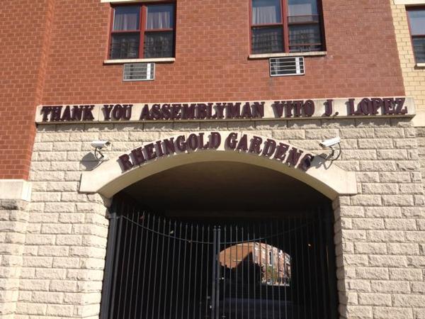 A sign thanking then-Assemblyman Vito Lopez at Bushwick's Rheingold development attests to his help in creating 300 affordable units onsite. He believes voters will support him because of that and similar achievements.