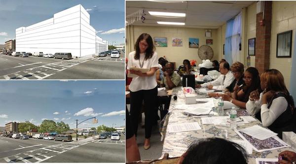 The plan (top left) and current look (bottom left) of the Rheingold site. Jennifer Dickson, standing, a lawyer representing Read Property, takes notes as Bushwick Community Board 4 District Manager Nadine Whitted expresses concerns about the Rheingold development.