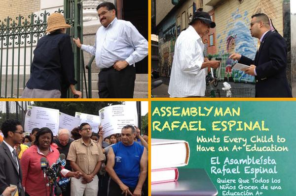 Images of the District 37 race, clockwise from top left: Mike Nieves, who dropped out; candidate Helal Sheikh talks to a voter; a mailing by pro-business PAC Jobs for New York showcases its support for Assemblyman Rafael Espinal; and Candidate Kimberly Council at a press conference about gun violence in Bushwick.