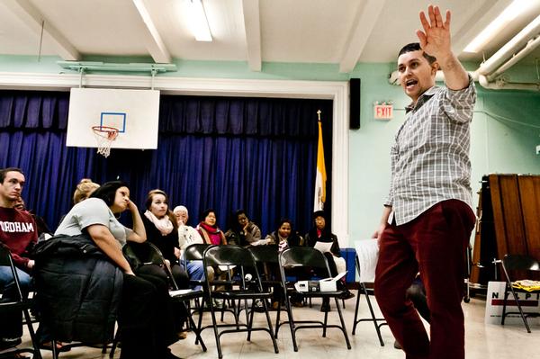 Organizer Anthony Feliciano addresses community members who gathered last week to discuss the demands they are making of hospital officials.