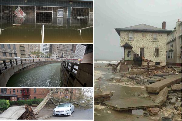 A business on Emmons Avenue, the Hugh Carey Tunnel, a street tree and a seaside home reflect Sandy's fury.