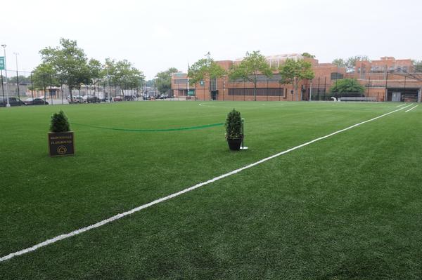 The field outside the rec center already has fences. The question is whether they are high enough--not just to protect passing cars, but also to permit older kids to use the field.