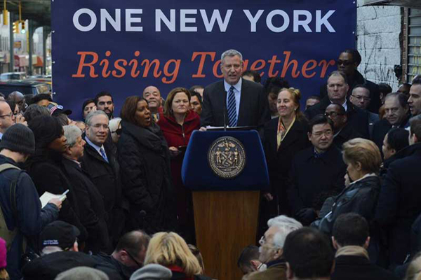 Mayor de Blasio announces the new sick-leave legislation on January 17.