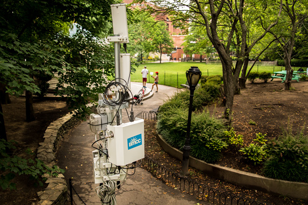 One of the WiFi antennas at Washington Market Park located on the corner of Chambers Street and Greenwich Street. During the Bloomberg administration, public-private partnerships were formed to provide Wi-Fi in parks; however access is limited if you're not a customer of the company providing the service.