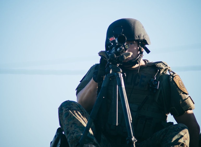 A police sharpshooter in Ferguson, Mo. 