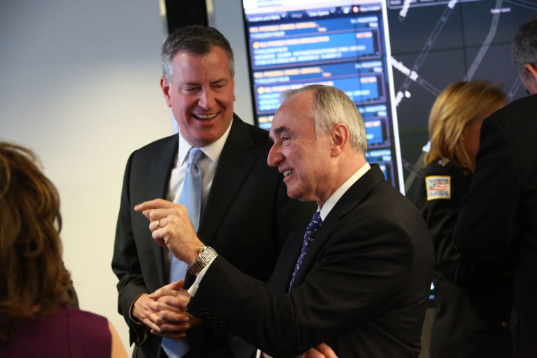 Mayor de Blasio preparing to swear in NYPD Commissioner William Bratton in January 2014.