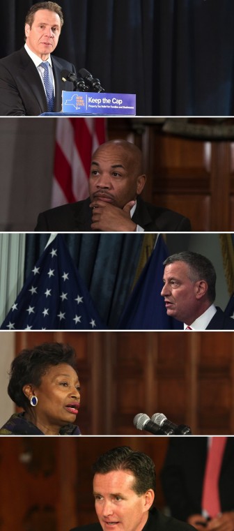 Some of the dramatis personae in the housing policy debate: Gov. Cuomo. Speaker Heastie, Mayor de Blasio, Senate Minority Leader Stewart-Cousins and Senate Majority Leader Flanagan