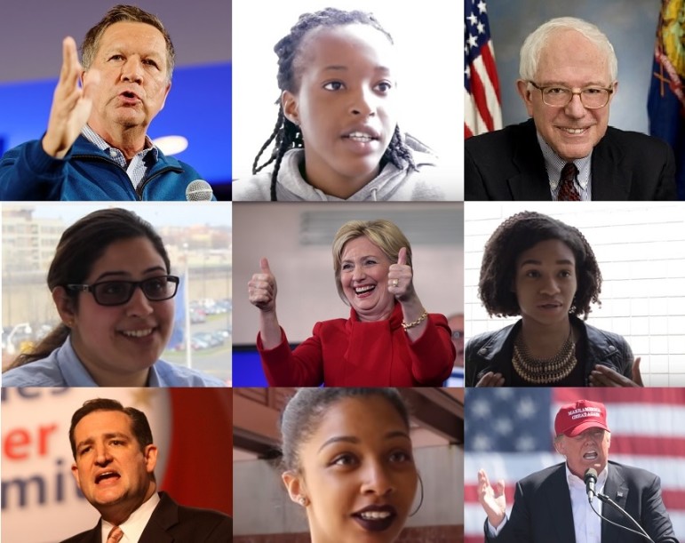 York College students Chizobam Atuanya (between Gov. Kasich and Sen. Sanders), Swatanter Polce and Kayla Webb (flanking. Sec. Clinton) and Melissa Menzies (between Sen. Cruz and Mr. Trump).