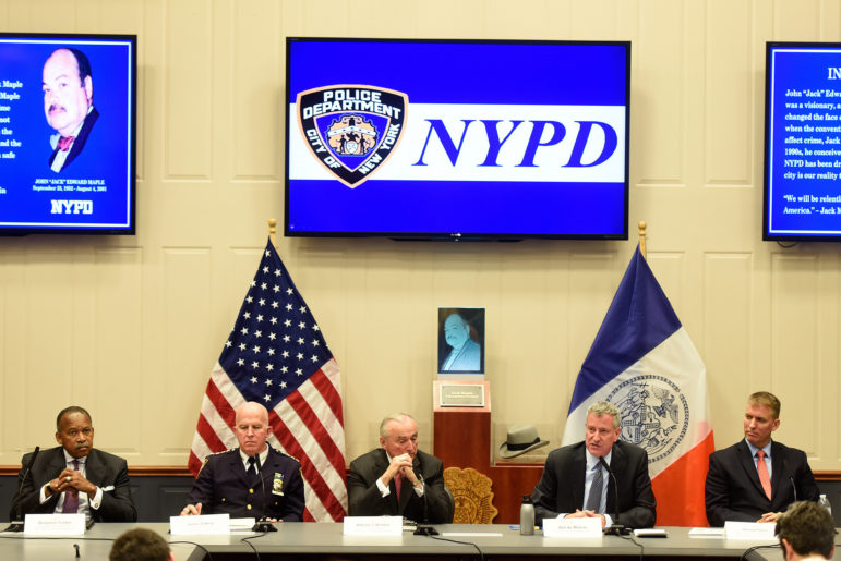 Mayor Bill de Blasio and Police Commissioner Bratton host a press conference to discuss crime statistics at One Police Plaza.