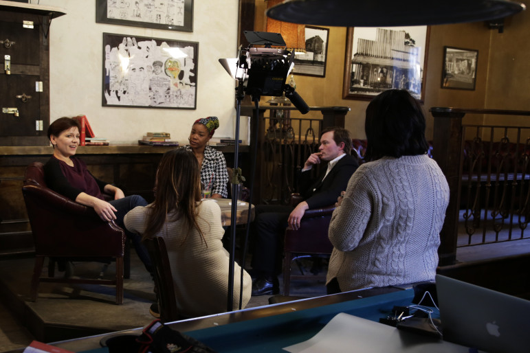 From left to right, Corner Media's Liena Zagare, the Original Media Group's Zawadi Morris, City Limits' Jarrett Murphy and (back turned) BIM's Megan Donis and Sriyanka Ray on the set of Straight Up! at The Emerson Bar in Clinton Hill