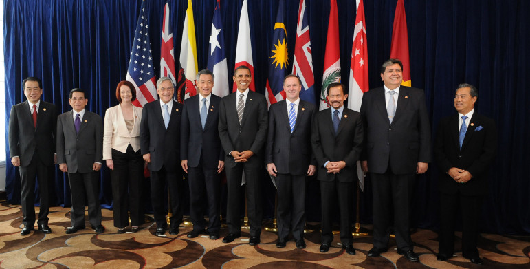 A summit with leaders of the member states of the Trans-Pacific Strategic Economic Partnership Agreement (TPP). Pictured, from left, are Naoto Kan (Japan), Nguyễn Minh Triết (Vietnam), Julia Gillard (Australia), Sebastián Piñera (Chile), Lee Hsien Loong (Singapore), Barack Obama (United States), John Key (New Zealand), Hassanal Bolkiah (Brunei), Alan García (Peru), and Muhyiddin Yassin (Malaysia).