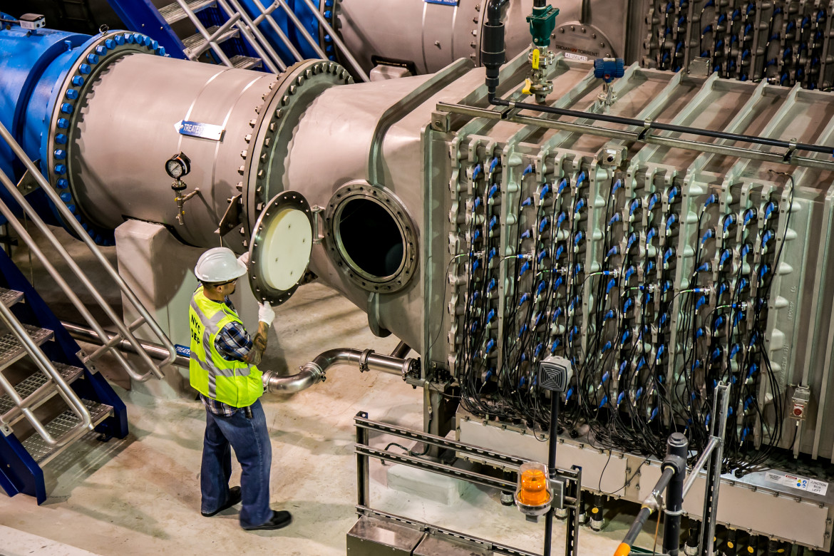 From reservoirs in the Catskills and Delaware watersheds, through their respective aqueducts, water reaches the UV disinfection facility in Eastview and is channeled through these chambers where it passes through a web of UV light tubes.