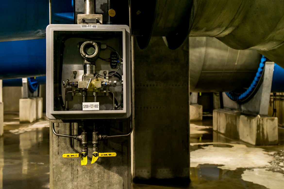 A gauge measuring water exiting the UV plant on its way to the Hillview Reservoir and then then into the water system. 