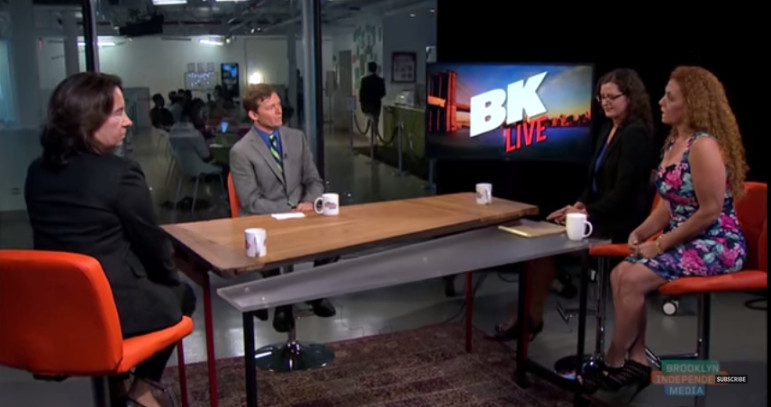 On the set of Bk Live, from left to right, were reporter Wendy Davis, Jarrett Murphy, Bronx Defenders legal director Marika Meis and Empire Bailbonds CEO Michelle Esquenazi.