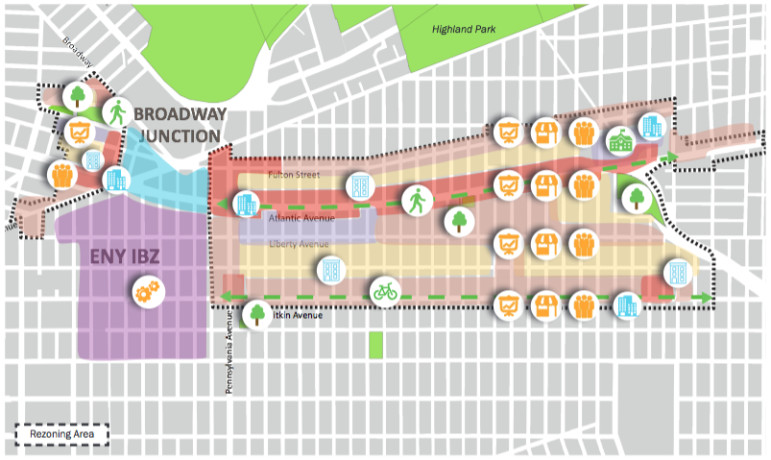 The city's latest report on East New York designates areas for revised zoning and indicates where new features and programs will be located.