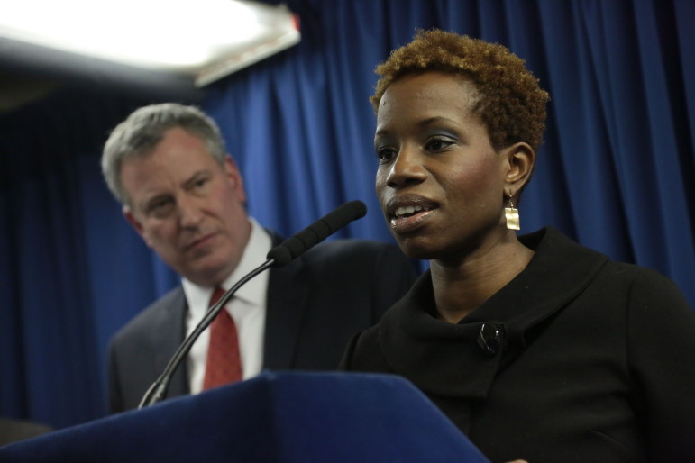 NYCHA chairwoman Shola Olatoye seen with the mayor.