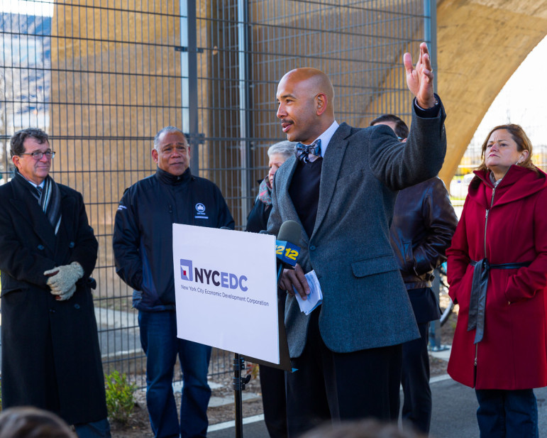 The BP, with Council Speaker Melissa Mark-Viverito behind him, at a ribbon-cutting last weekend.