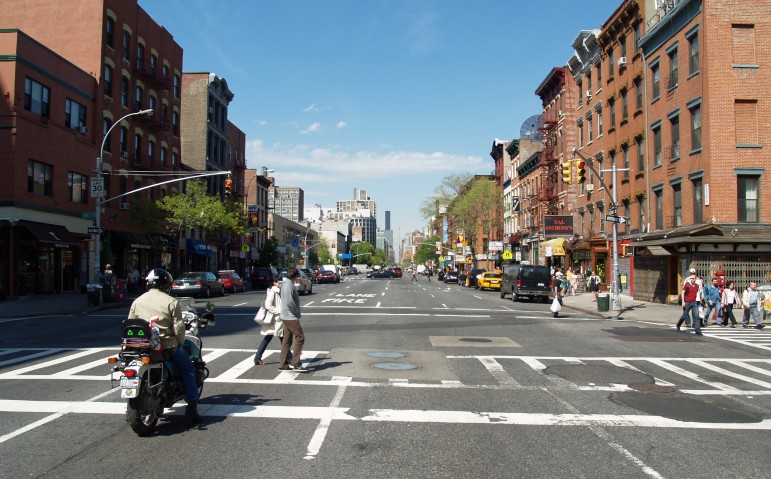 First Avenue in Manhattan. Avenues used to run two-way, which is safer for pedestrians, but were mostly made one-way, to make life easier for drivers.