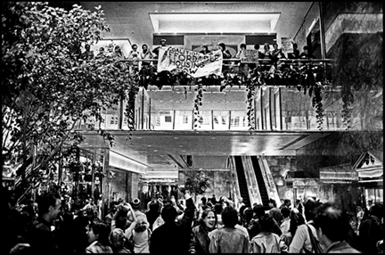 The tension banner is unfurled near the now infamous escalator.