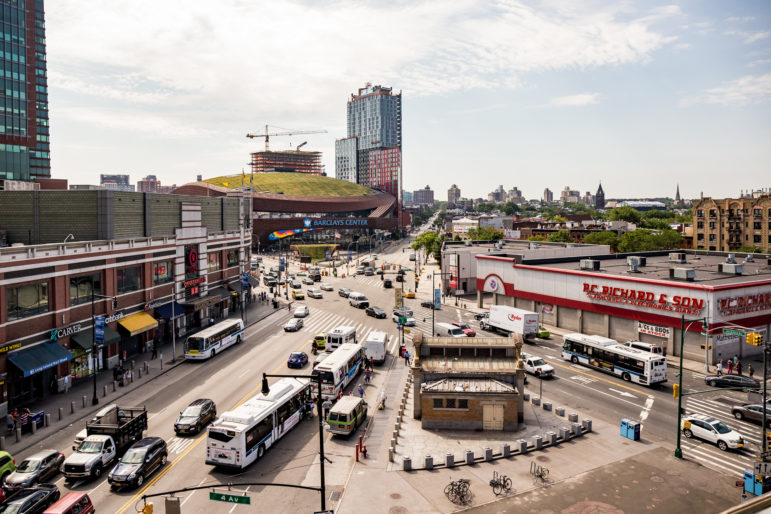 The mix of office, retail and residential space that goes up at Site 5, at right where the P.C. Richard & Son is seen, could significantly shape Pacific Park's impact on the neighborhood.