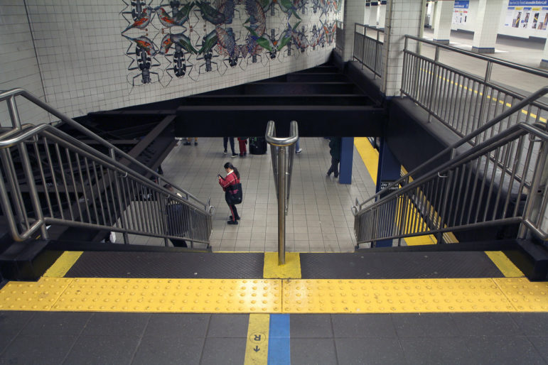 Tactile stair warning strips in the Jay Street MetroTech Station