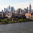 A view of the Manhattan skyline and the East River.