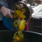 A resident drops off food scraps at a compost collection site in 2021.